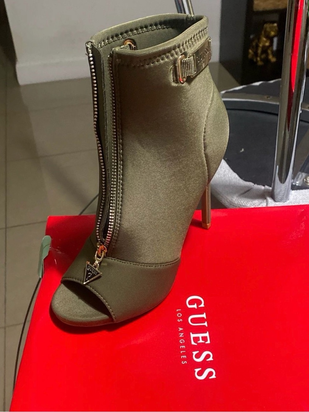 GUESS Olive Green Peep-Toe High Heel Bootie with Front Zip